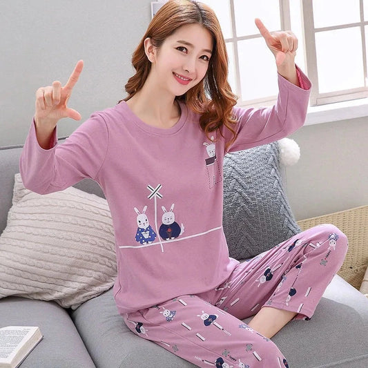 Autumn Thin 2pieces Pyjamas Set Women 2025 Round Neck Girls Bear Pajamas Sets Teacup Cat Full Sleepwear Tops lovers Pajama Mujer Johnson Xing