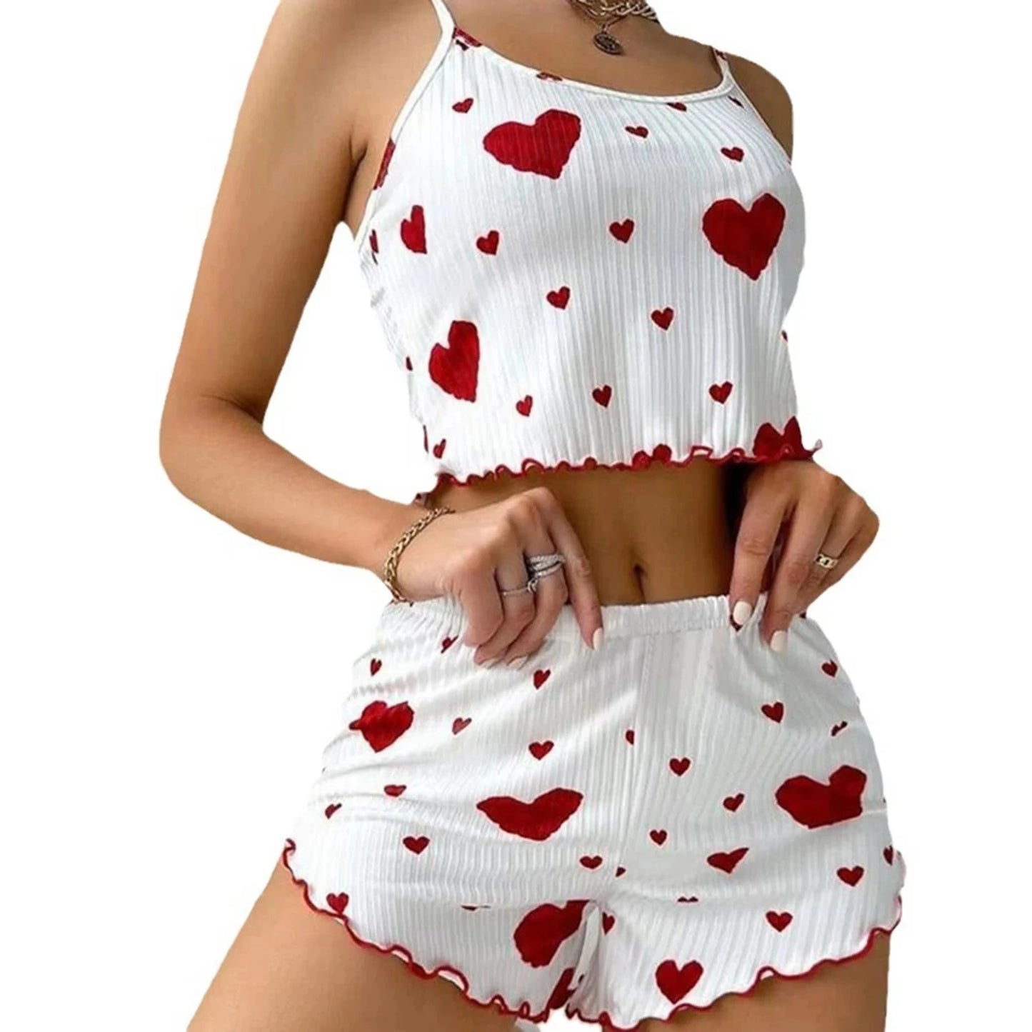 Summer New Women's Pajama Set Breathable Soft Casual Love Printed Design Sweet Home Strap Shorts Pajamas Shop1103940498 Store