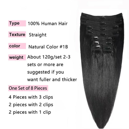 Clip In Hair Extensions Human Hair Brazilian Straight Clip In Natural Black Color Clip Ins Remy Hair 20 22 24 26 Inch 4# Women
