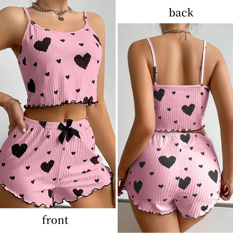 Summer New Women's Pajama Set Breathable Soft Casual Love Printed Design Sweet Home Strap Shorts Pajamas