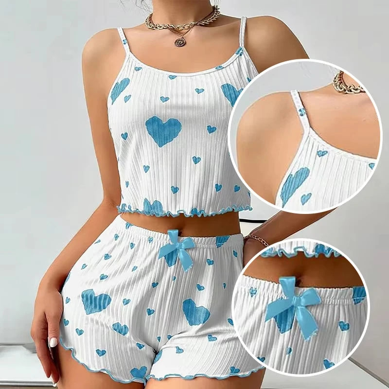 Summer New Women's Pajama Set Breathable Soft Casual Love Printed Design Sweet Home Strap Shorts Pajamas