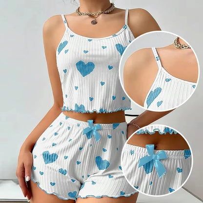 Summer New Women's Pajama Set Breathable Soft Casual Love Printed Design Sweet Home Strap Shorts Pajamas