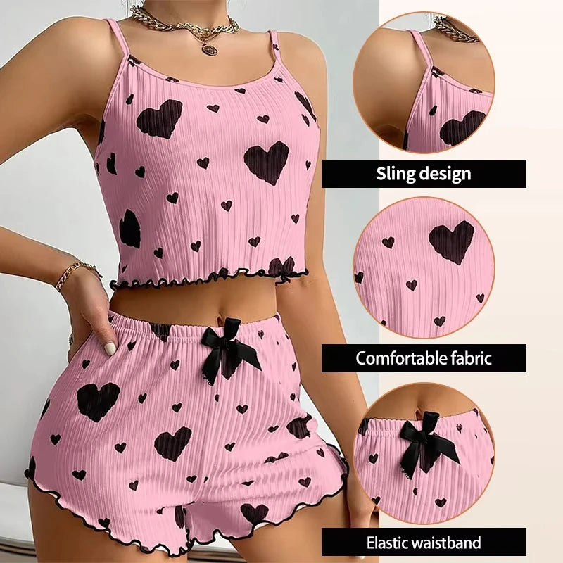 Summer New Women's Pajama Set Breathable Soft Casual Love Printed Design Sweet Home Strap Shorts Pajamas