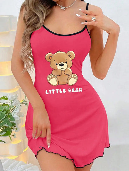 Womens Cute Little Bear Print Cami Nightgown Spaghetti Strap Sleep Dress Mini Lettuce Hem Contrast Trim Loungewear Y2K Style