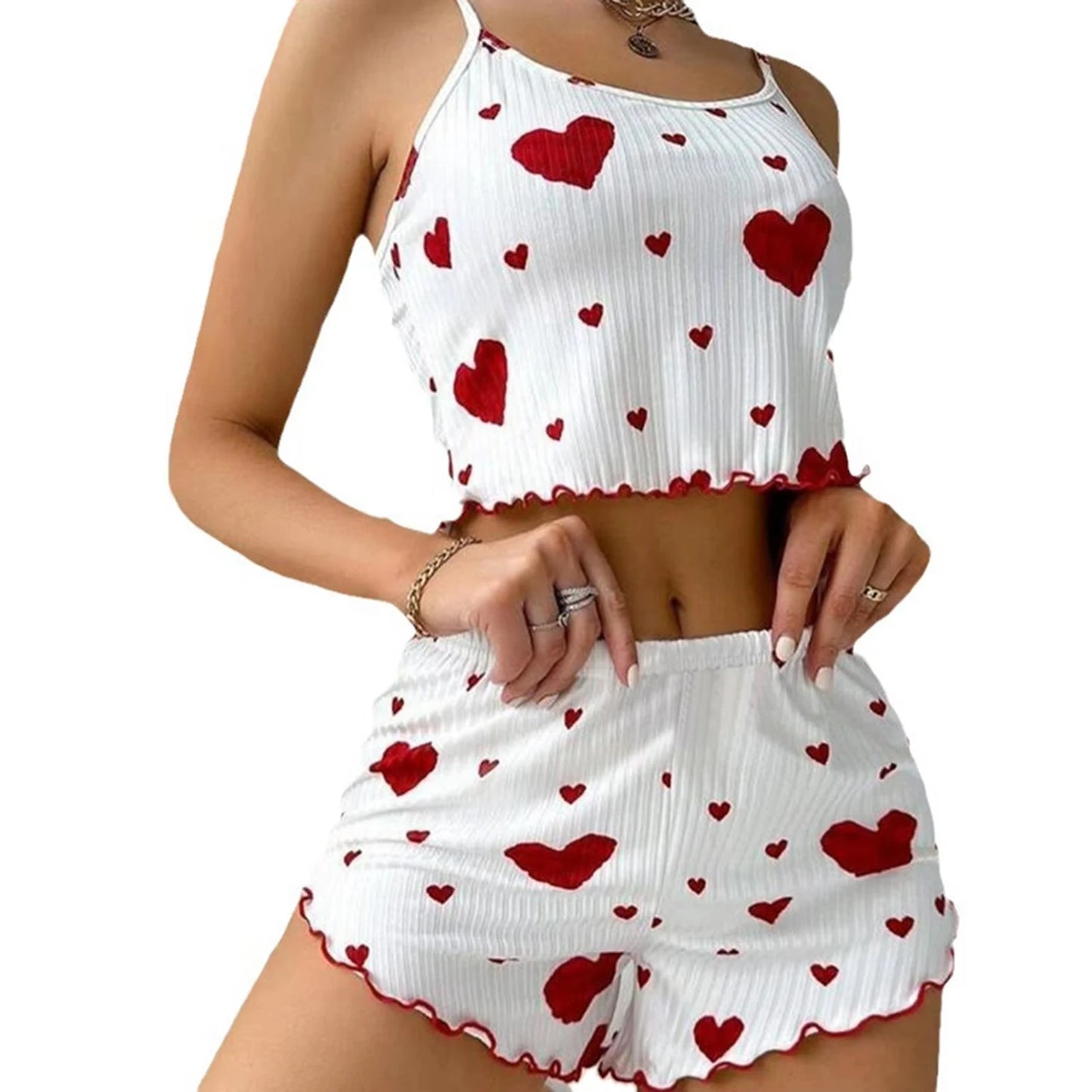 Summer New Women's Pajama Set Breathable Soft Casual Love Printed Design Sweet Home Strap Shorts Pajamas