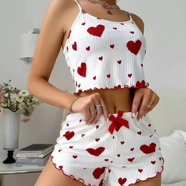 Summer New Women's Pajama Set Breathable Soft Casual Love Printed Design Sweet Home Strap Shorts Pajamas Shop1103940498 Store