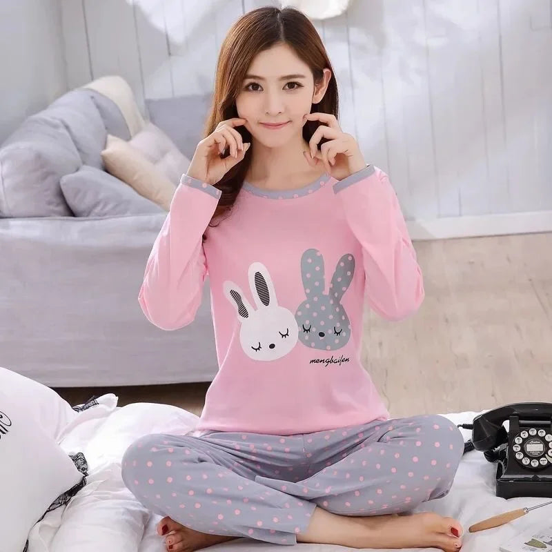 Autumn Thin 2pieces Pyjamas Set Women 2025 Round Neck Girls Bear Pajamas Sets Teacup Cat Full Sleepwear Tops lovers Pajama Mujer