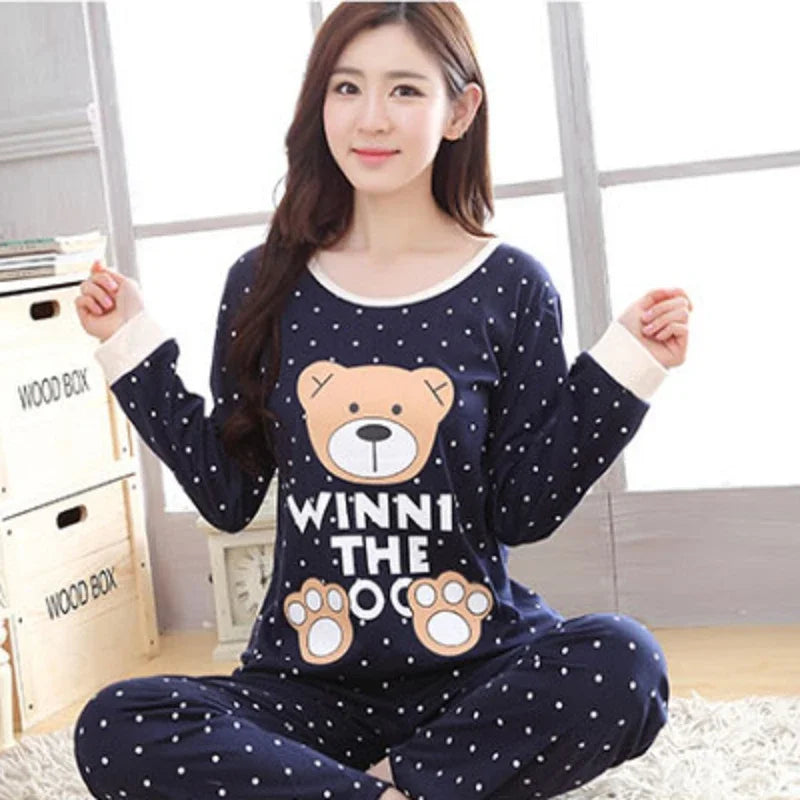 Autumn Thin 2pieces Pyjamas Set Women 2025 Round Neck Girls Bear Pajamas Sets Teacup Cat Full Sleepwear Tops lovers Pajama Mujer