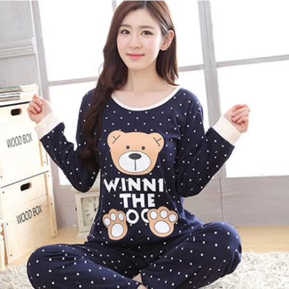 Autumn Thin 2pieces Pyjamas Set Women 2025 Round Neck Girls Bear Pajamas Sets Teacup Cat Full Sleepwear Tops lovers Pajama Mujer