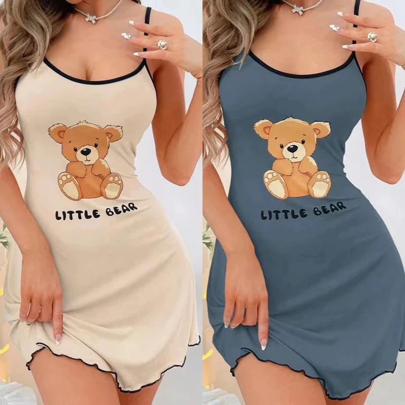 Womens Cute Little Bear Print Cami Nightgown Spaghetti Strap Sleep Dress Mini Lettuce Hem Contrast Trim Loungewear Y2K Style Shengfu Clothing Store Store