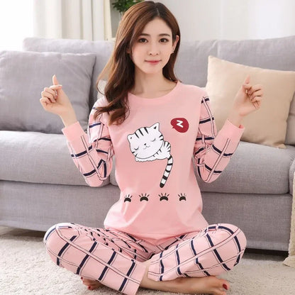 Autumn Thin 2pieces Pyjamas Set Women 2025 Round Neck Girls Bear Pajamas Sets Teacup Cat Full Sleepwear Tops lovers Pajama Mujer