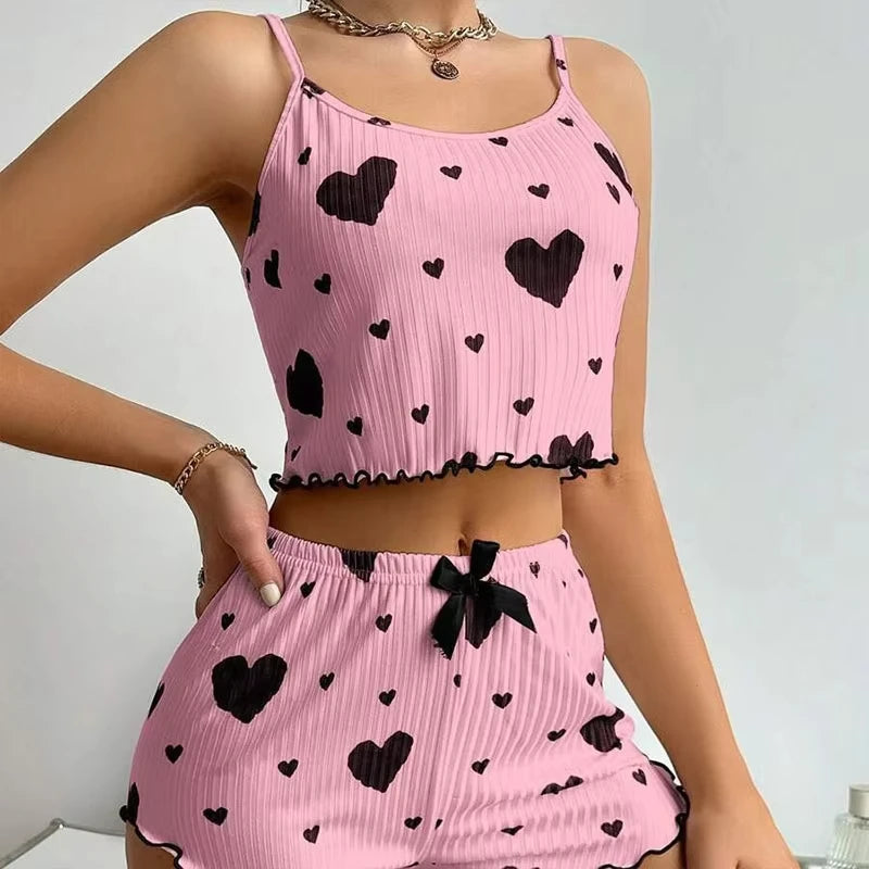 Summer New Women's Pajama Set Breathable Soft Casual Love Printed Design Sweet Home Strap Shorts Pajamas