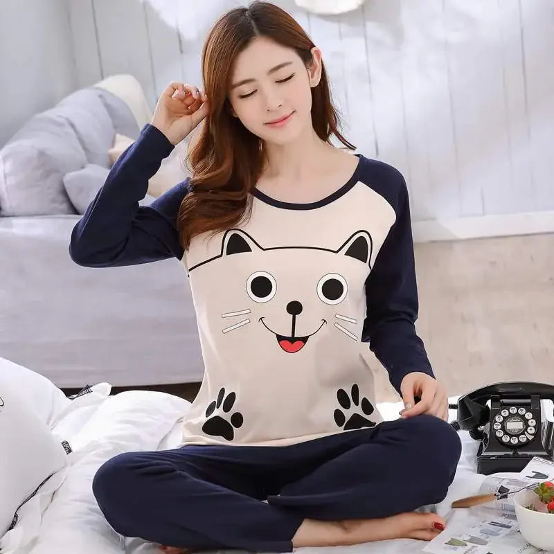 Autumn Thin 2pieces Pyjamas Set Women 2025 Round Neck Girls Bear Pajamas Sets Teacup Cat Full Sleepwear Tops lovers Pajama Mujer
