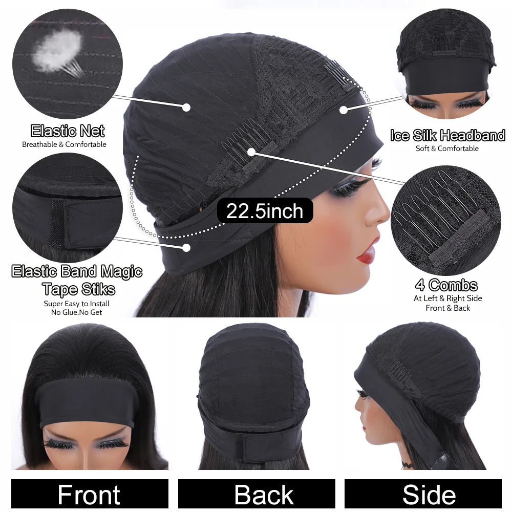 Headband Wig Human Hair Bone Straight Human Hair Wigs Full Machine Made Peruvian Human Hair Wigs For Black Women Easy to Go 180%