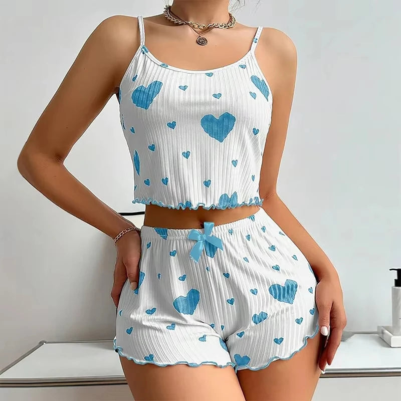 Summer New Women's Pajama Set Breathable Soft Casual Love Printed Design Sweet Home Strap Shorts Pajamas