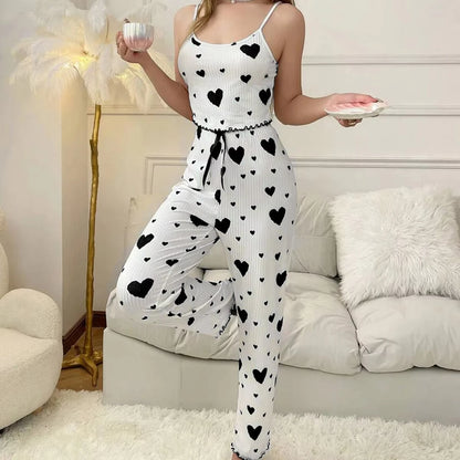 2025 New Women pajamas plus size pajamas set 2 piece short vest + trouser white breathable soft casual love print