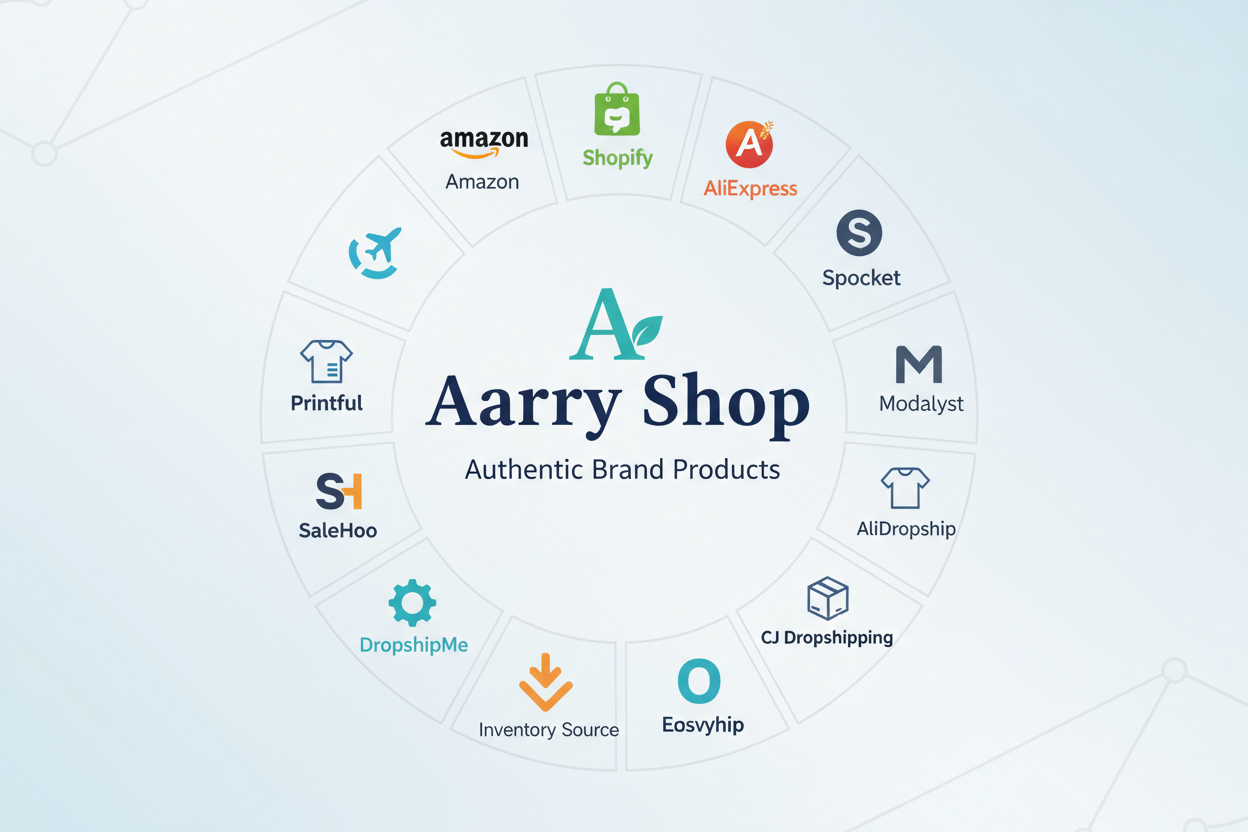 We just sale Authentic Brand Products 
Make and image with our Brand name "Aarry Shop" and our partner suppliers and brands logo our partners is Amazon , Shopify ,aliexpress  , Spocket , From sources across the web

Modalyst

AliDropship

Printful

CJ Dropshipping

SaleHoo

DropshipMe

Inventory Source

Oberlo

Easyship